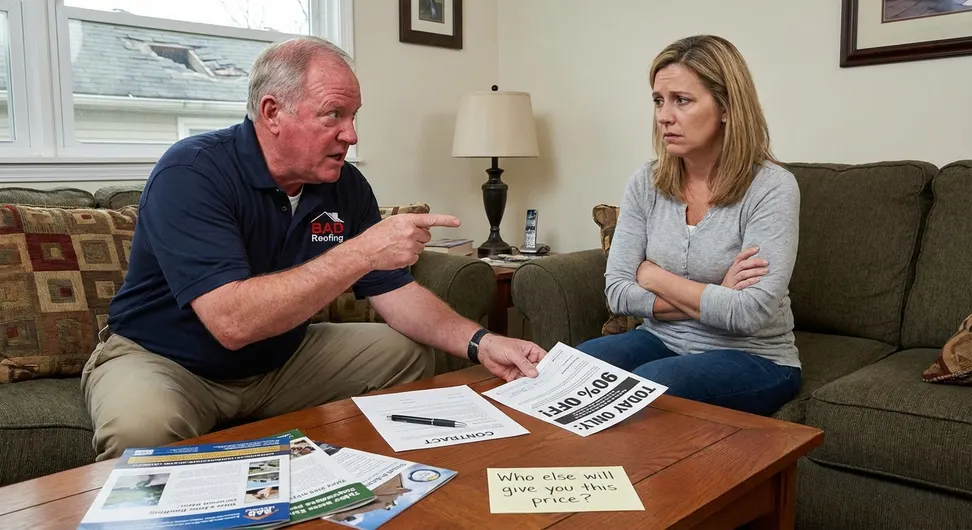 a high pressure roofing salesman pointing his finger at a woman and she looks closed off and uncomfortable by his pushy sales tactics