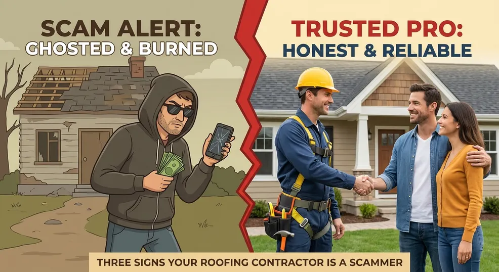 to trust or not to trust roofers in a side by side photo, one side has a shady roofer looking suspicious, on the other side is the trusted professionals from btb roofing